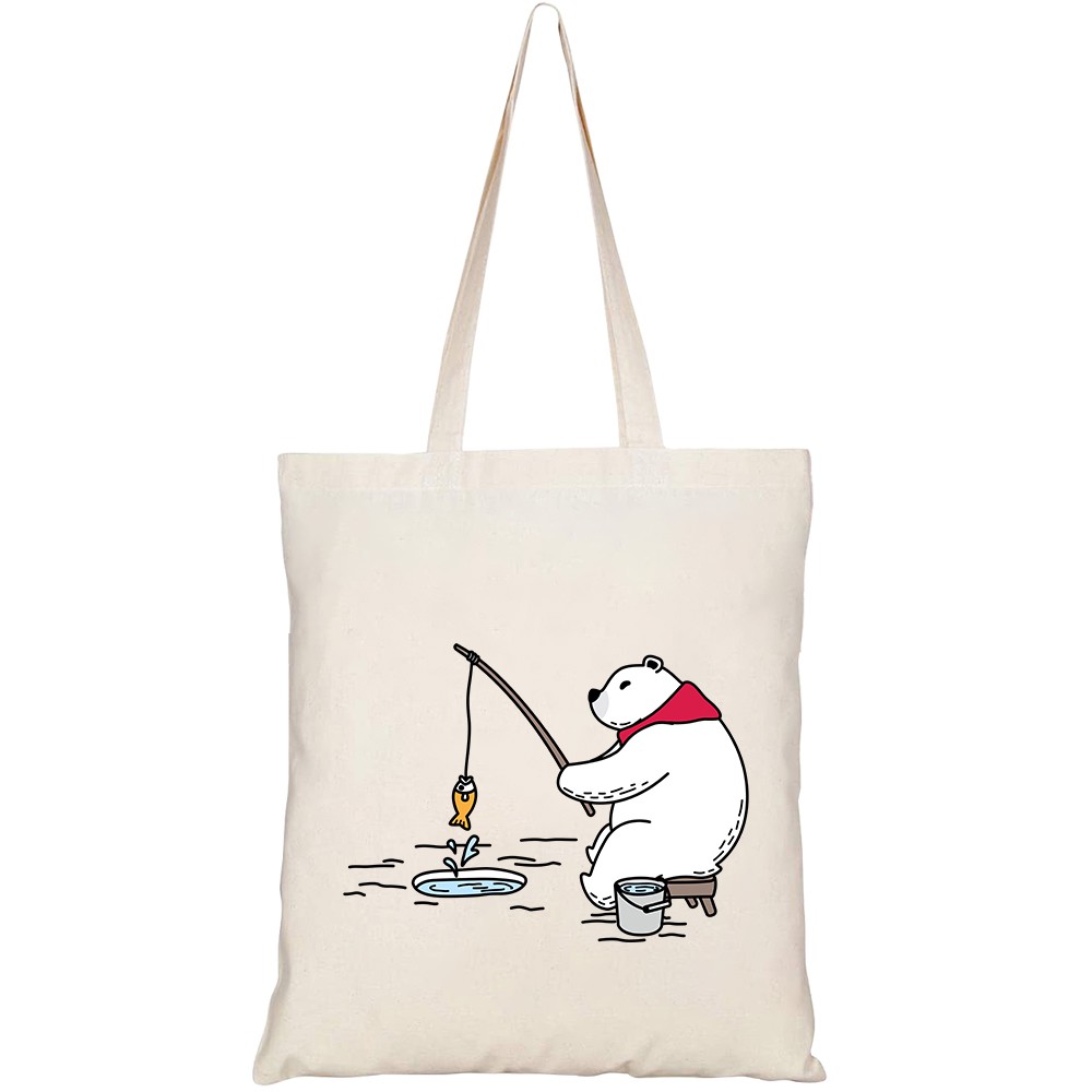 Túi vải tote canvas HTFashion in hình bear vector polar bear fishing scarf cartoon HT133