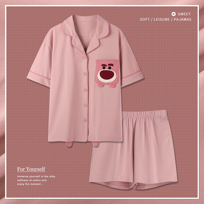Bộ Đồ Ngủ 2 Món Vải Cotton Tay Ngắn In Hình Gấu Dâu Tây Dễ Thương Cho Nữ