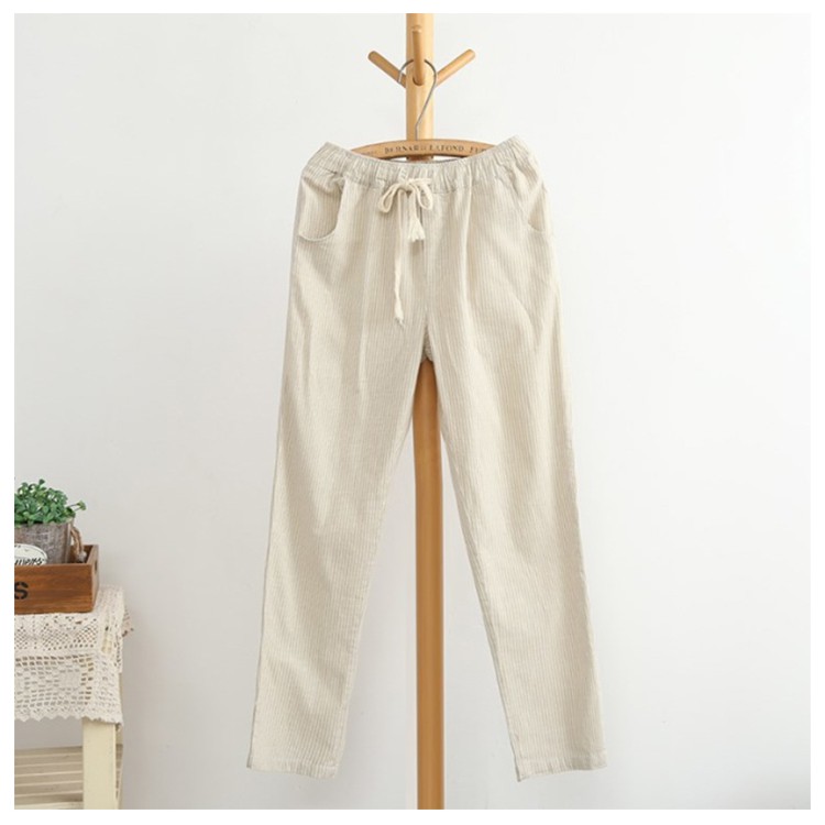 Quần baggy nữ lưng thun vải thô 100% cotton thoáng mát form suông rộng rãi thoải mái kẻ sọc phong cách Nhật Akira Store