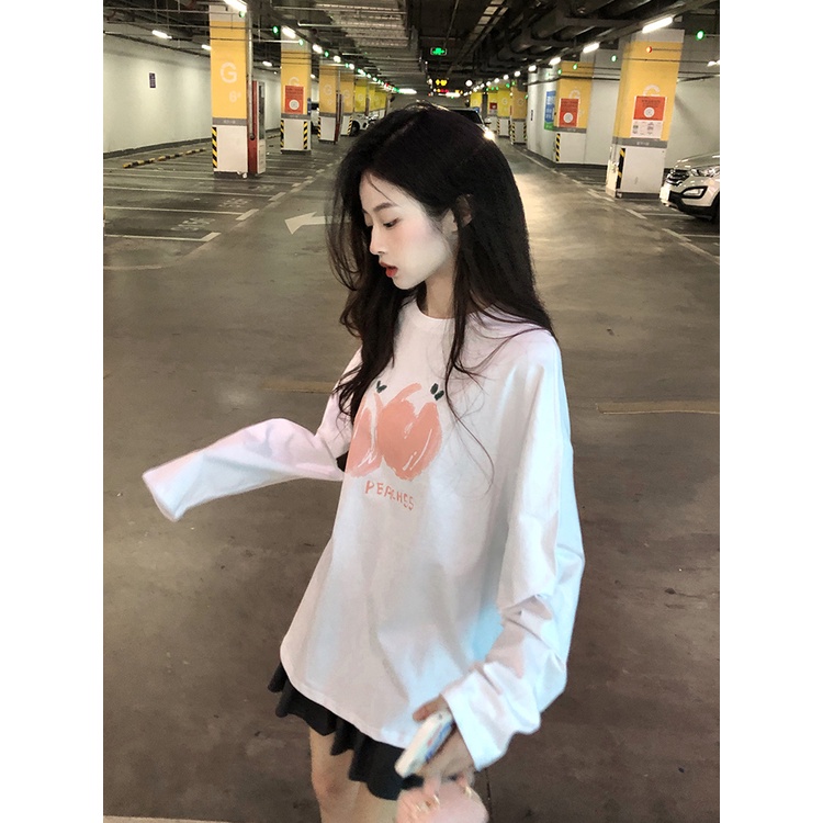 Áo thun cotton tay dài dáng rộng phong cách thời trang Hàn Quốc dành cho nữ