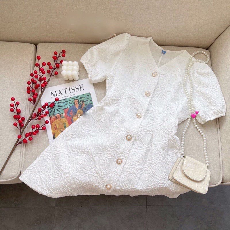 Váy xốp gấm Forgirl basic cổ V tay bồng hở lưng phối cúc ngọc phong cách Hàn quốc