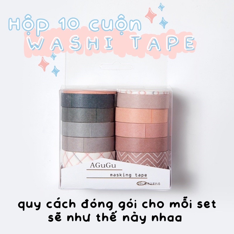 SET HỘP 10 CUỘN WASHI TAPE TRANG TRÍ SỔ TAY BULLET JOURNAL PLANNER TAKE NOTES