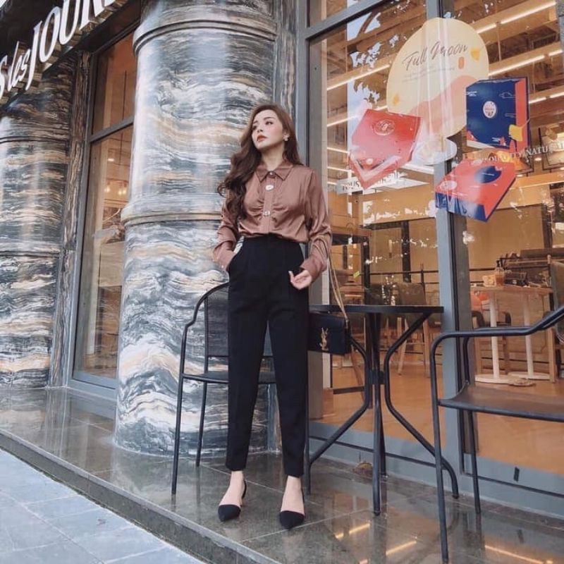 Quần tây nữ công sở lưng cao khuy bọc vải tuyết mưa mềm  - Quần baggy nữ dáng ống đứng siêu xinh mặc đi làm đi học ở nhà