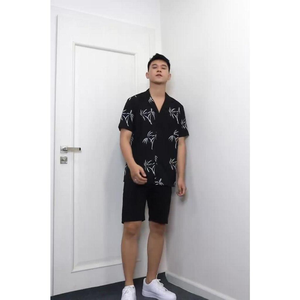 Áo sơ mi nam ROWAY Fullbox, vải lụa thoáng mát, không nhăn, form regular | Sơ mi họa tiết dừa đen | BigBuy360 - bigbuy360.vn