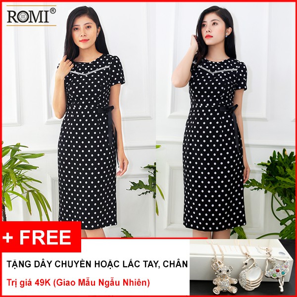 [ HÌNH THẬT] ĐẦM CÔNG SỞ, KIỂU ĐẦM ÔM IN CHẤM BI ĐÍNH NƠ EO PHỐI RUY BĂNG KIM TUYẾN SC3046 - TẶNG PK NGẪU NHIÊN