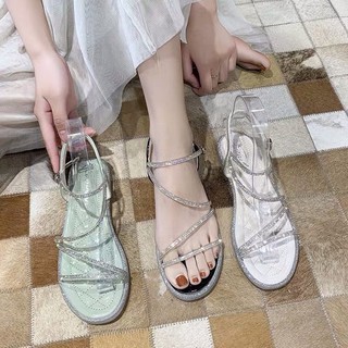 D39-Sandal dây mảnh đính đá đế thấp xinh xắn