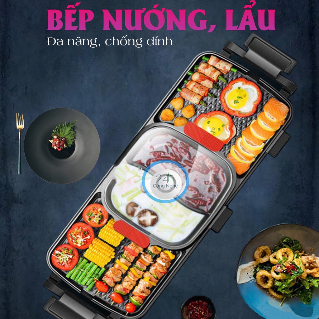 Bếp lẩu nướng đa năng lẩu 2 ngăn - nướng 2 ngăn, công suất 2700w, lớp men chống dính cao cấp - K1297