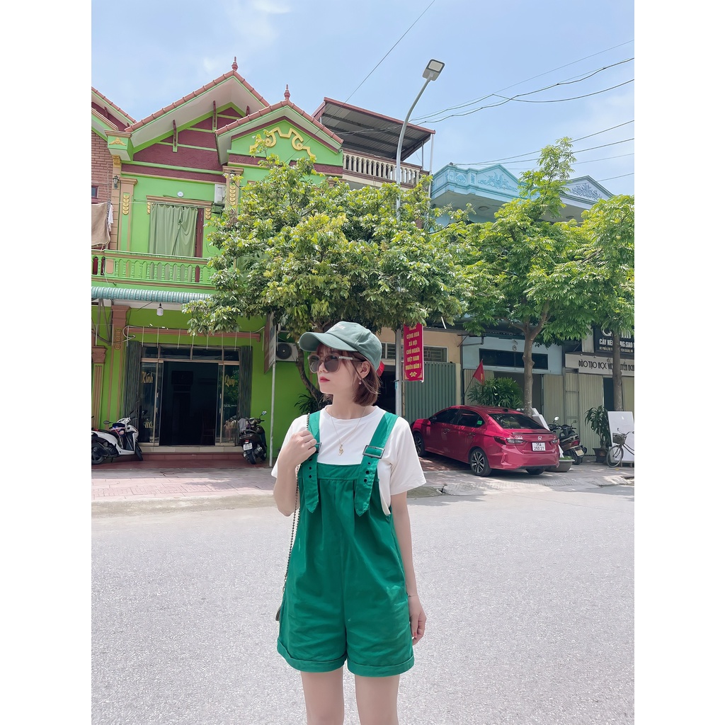 Set quần yếm + áo thun trắng dáng rộng phong cách Hàn Quốc thời trang mùa hè cho nữ