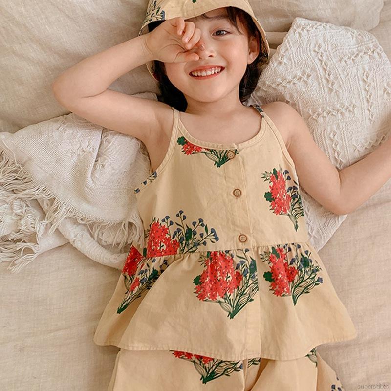 Set Áo Dây Họa Tiết Hoa + Quần Short + Mũ Đáng Yêu Dành Cho Bé 2-7 Tuổi