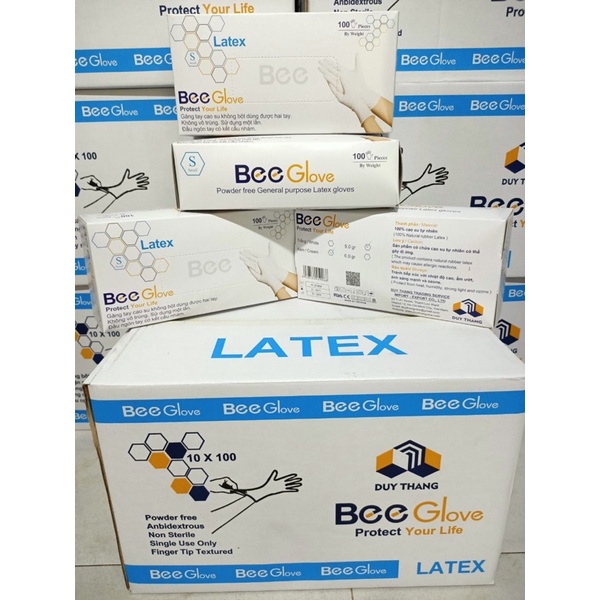 hộp 100 cái Găng tay Bee Latex Không Bột - Size XS, S, M, L , XL màu trắng kem