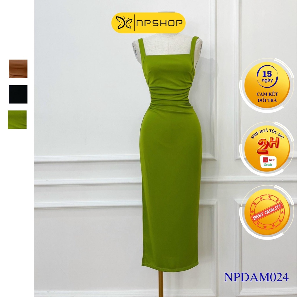 Đầm thun body nữ hai dây hở lưng dáng dài midi NPDAM024