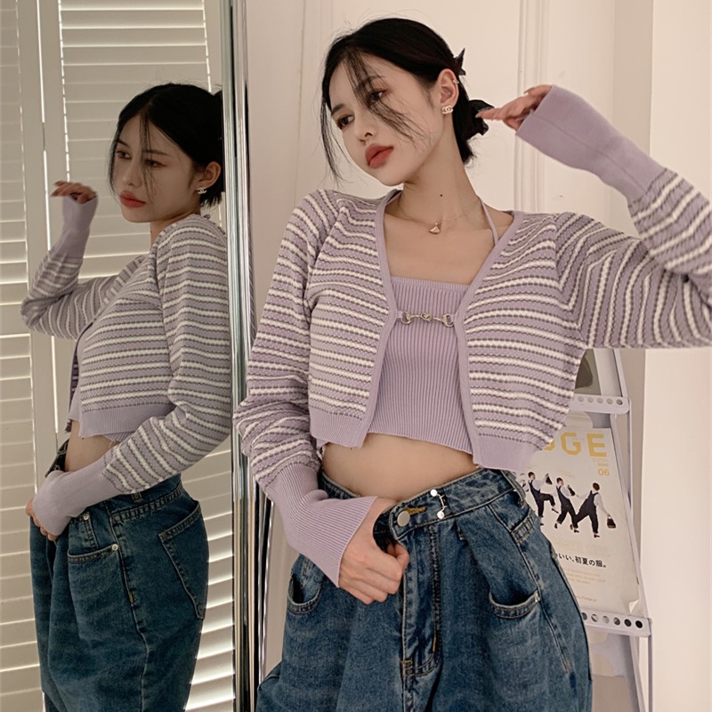 Set Áo Khoác Cardigan Họa Tiết Kẻ Sọc Và Áo Hai Dây Thời Trang Cho Nữ