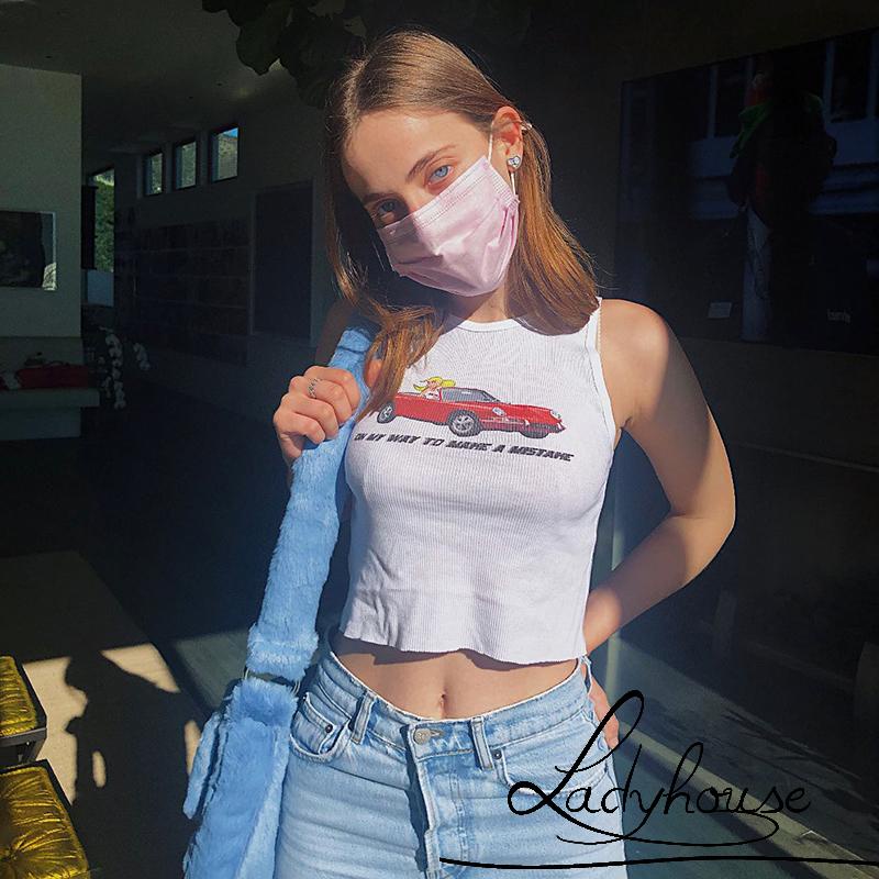 Áo Croptop Không Tay Cổ Tròn Thoáng Khí In Chữ Dành Cho Nữ