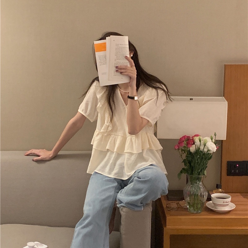 SUXI Áo Sơ Mi Tay Ngắn Cổ Chữ V Màu Sắc Ngọt Ngào Phong Cách Hàn Quốc Thời Trang Mùa Hè Cho Nữ