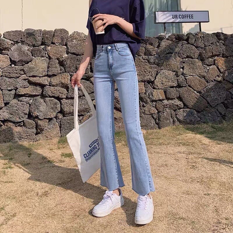 Quần bò jean nữ ống loe đứng rộng suông xuông co giãn jeans cạp cao cao cấp Hottrend 2022
