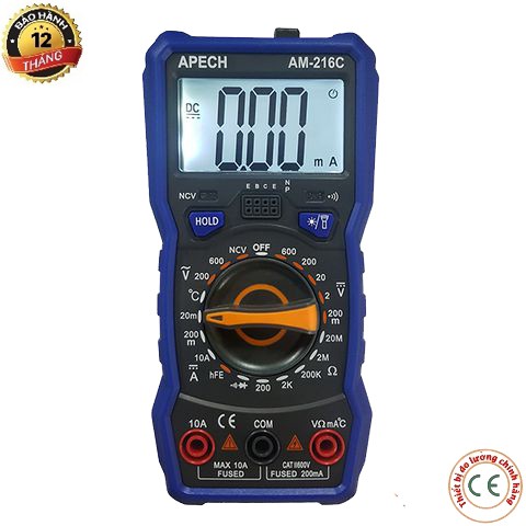 AM-216C Đồng hồ vạn năng điện tử APECH AM 216C đo điện áp AC/DC, 10A DCA, nhiệt độ, điện trở, TrueRMS, 6000counts