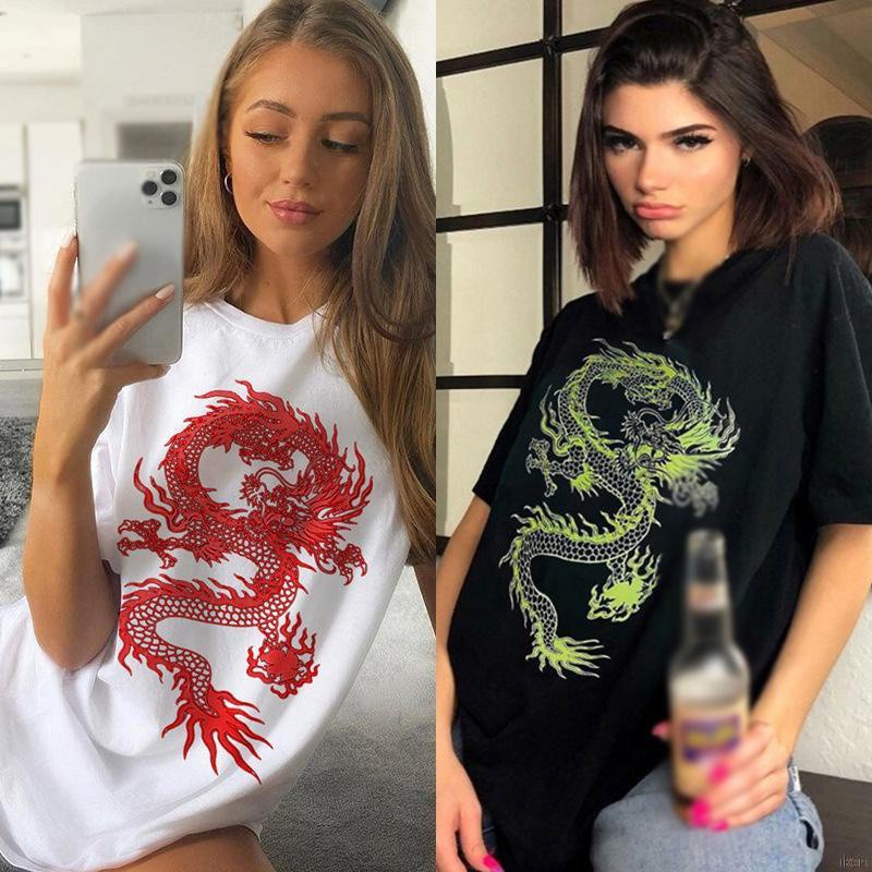 Áo Thun Tay Ngắn Dáng Rộng In Hình Rồng Cá Tính Cho Nam Và Nữ