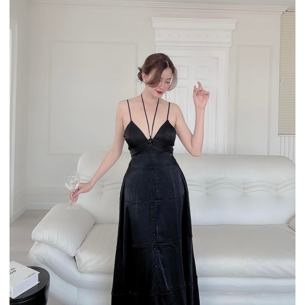 [HÀNG THIẾT KẾ CAO CẤP] Đầm Maxi Hai Dây Cổ Yếm Cột Nơ Đi Biển Sexy Màu Đen