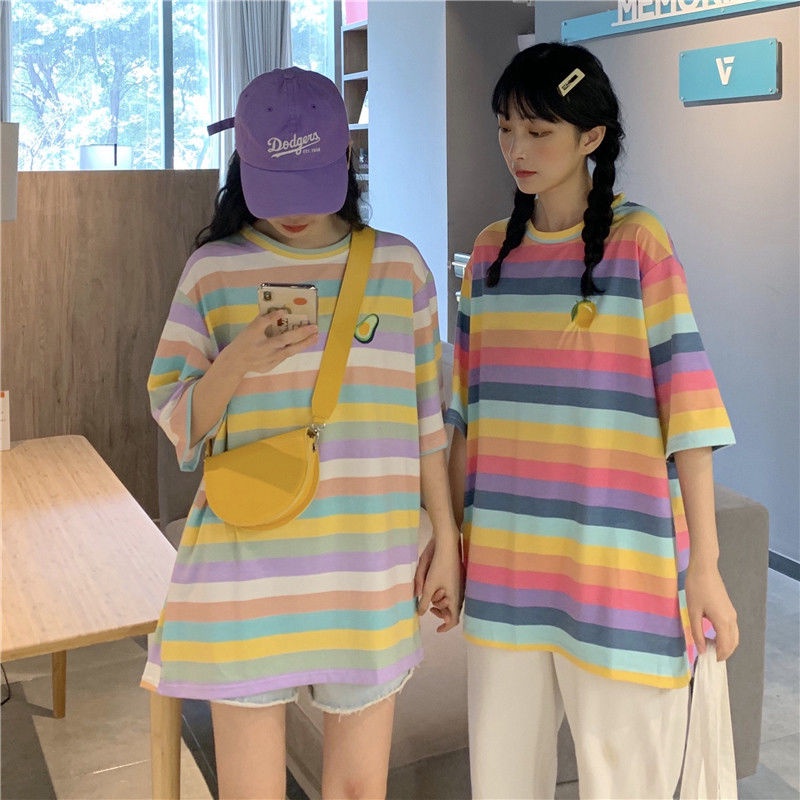 Áo Thun Tay Ngắn Dáng Rộng Kẻ Sọc Cầu Vồng Phong Cách Hàn Quốc Thời Trang Mùa Hè Cho Học Sinh / BFF Xuan Ya