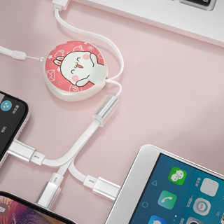Cáp sạc nhanh dây rút, in hình dễ thương, 3 đầu type c, android, apple iphone lightning