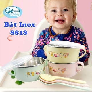 Bát ăn inox giữ nhiệt kèm thìa nhựa có nắp đậy ăn dặm cho bé GB BABY- 8818