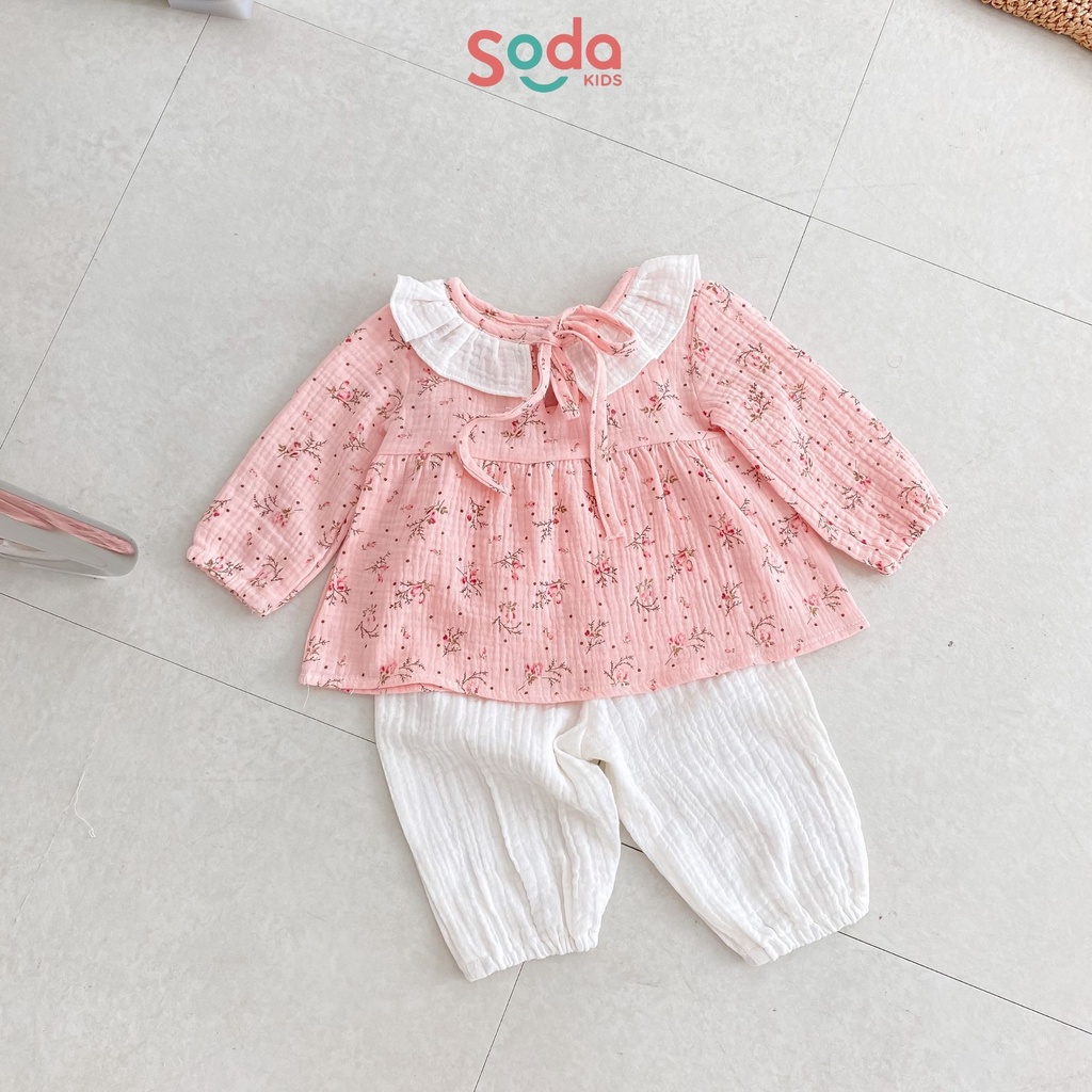 Pijama bé gái SODA KIDS Minnie chất liệu xô Muslin cổ bèo