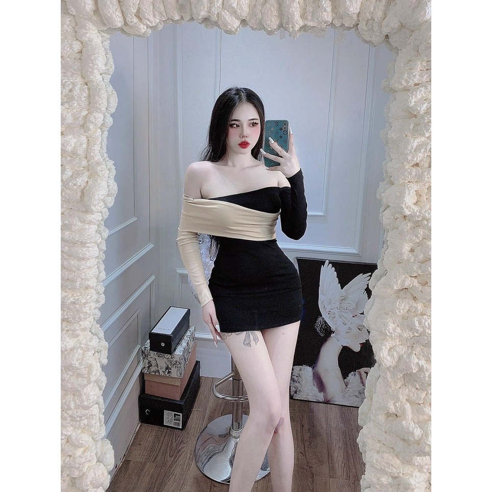[HOT]Đầm Body Lệch Vai Thun có 3 màu  Xanh , Đen, VàngXQ2412202 dự tiệc , đi chơi đều phù hợp