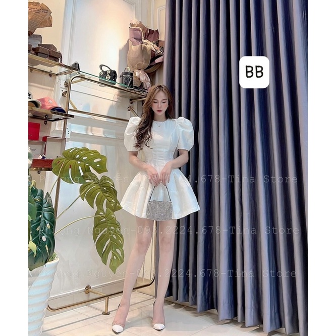 Đầm tafta nữ chiết eo tay phồng form xoè xếp ly