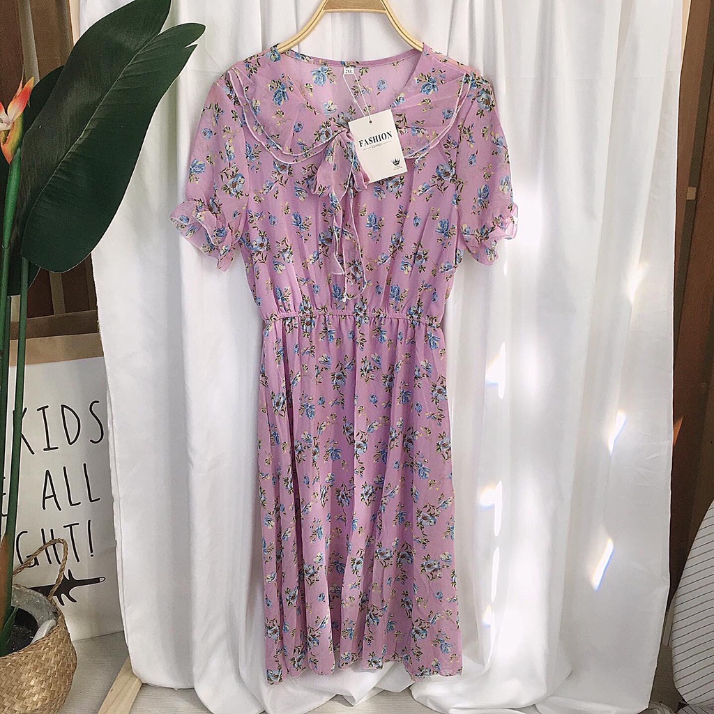 Váy đầm hoa nhí vintage cổ nơ body chun eo dáng xòe bánh bèo tay phồng ulzzang Hàn Quốc, Đầm thiết kế dáng dài