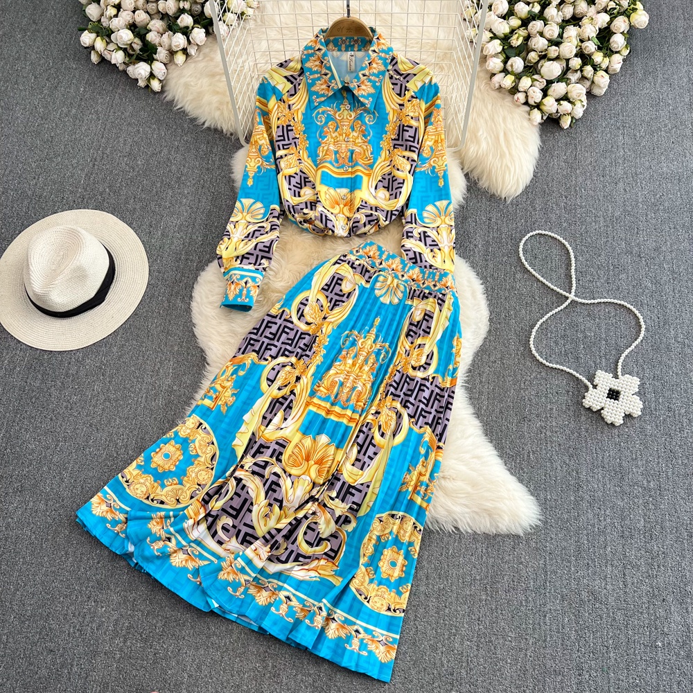 #2286  Set áo sơ mi tay dài + chân váy dài xếp ly dài có size