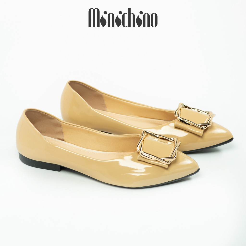Giày búp bê nữ đế bằng MINICHINO da bóng mũi nhọn khóa vuông thời trang màu kem TC024 thumbnail