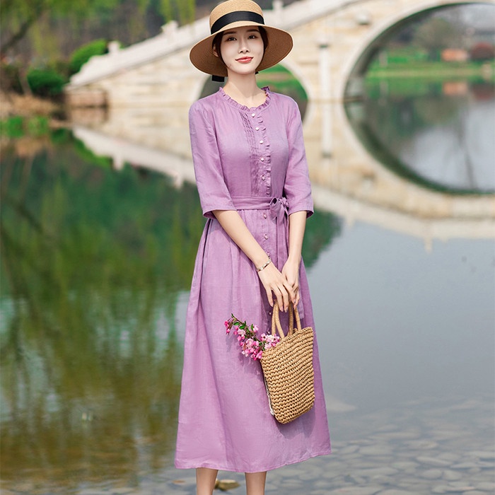 Đầm linen nữ cổ bèo nhăn, phối cúc, kiểu dáng Retro thời trang nữ D62
