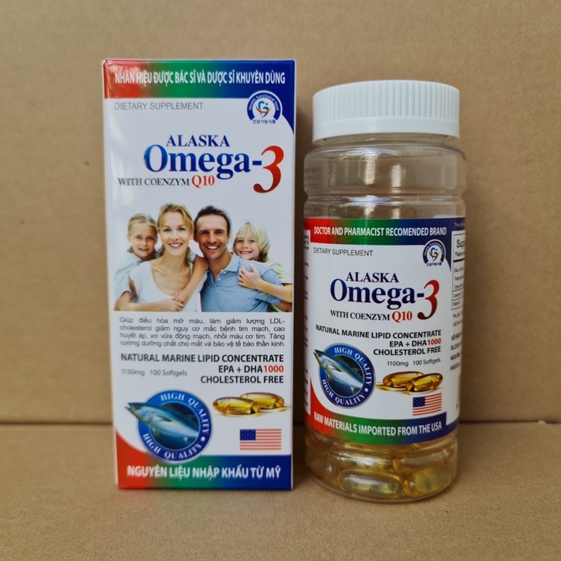 Dầu cá Alaska omega 3 with coenzym Q10 hộp màu trắng gia đình Hộp 100 viên