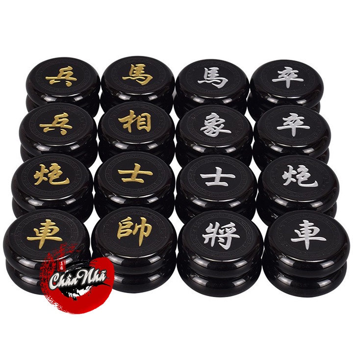 Cờ tướng đá Obsidian thiên nhiên size 60mm cao cấp kèm bàn cờ gỗ