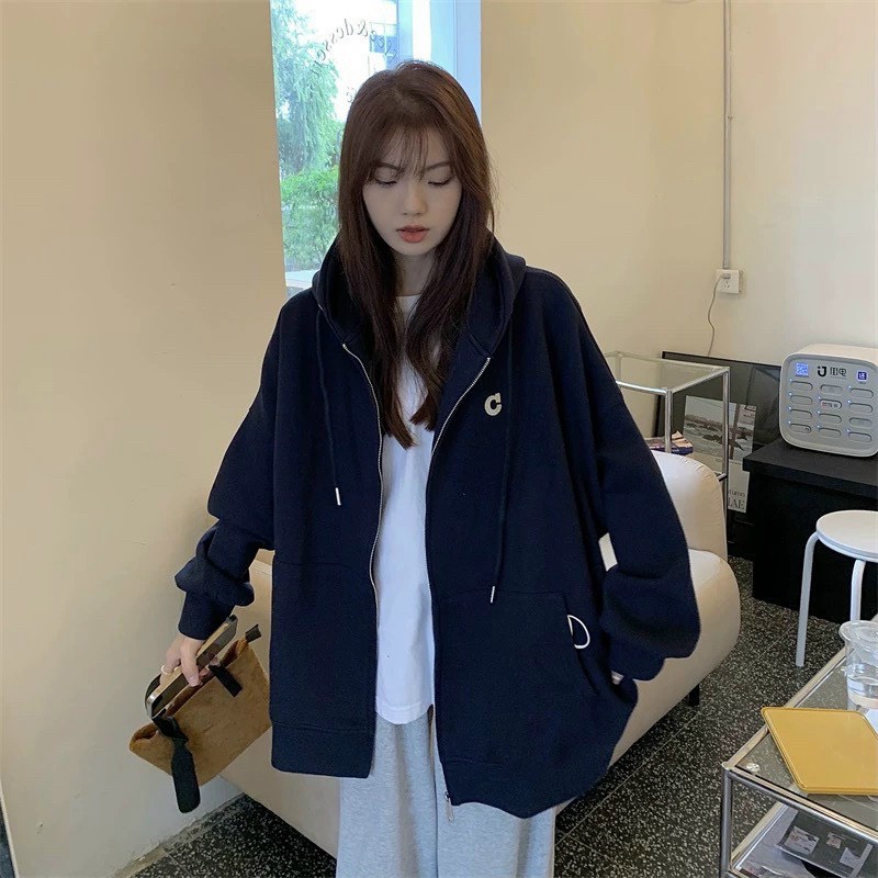 Áo Khoác Hoodie Họa Tiết Chữ C Fom Rộng Có Dây kéo Thời Trang Phong Cách HÀn Sành Điệu Trẻ Trung thoi trang shop valenti