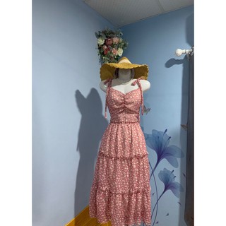 Đầm maxi 2 dây hồng hoa nhí