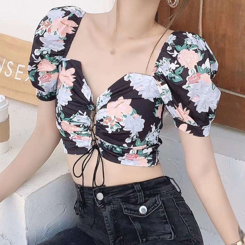 Áo Chiffon Tay Ngắn Cổ Chữ V In Hoa Xinh Xắn Thời Trang Cho Nữ