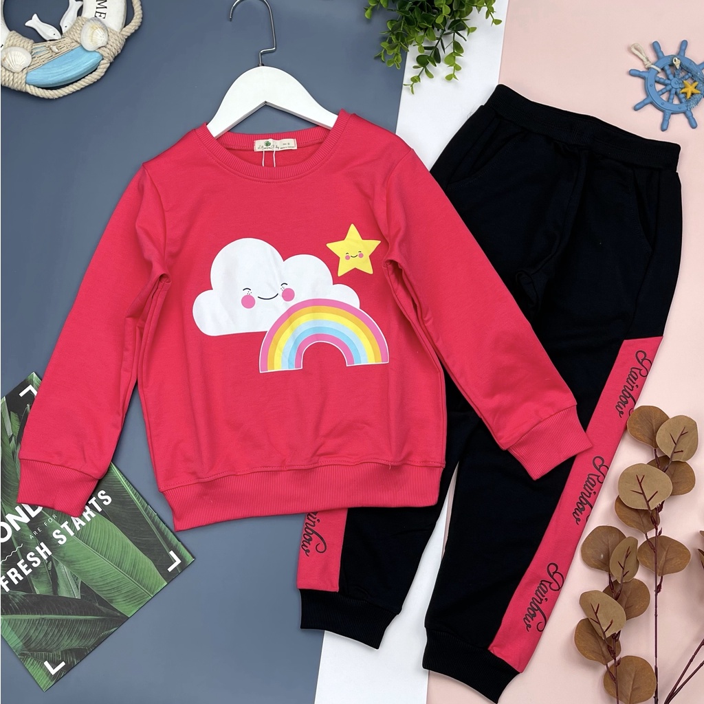 Bộ quần áo nỉ bé gái LITIBABY, hình cầu vồng, size 9/14T, chất nỉ bền đẹp