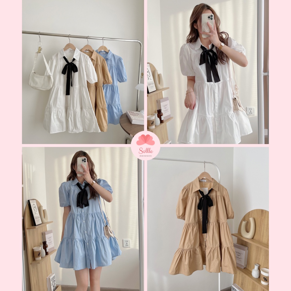 Đầm váy sơ mi babydoll dáng xòe cổ bẻ thắt nơ trơn nhiều màu Hàn Quốc đáng yêu Sollle