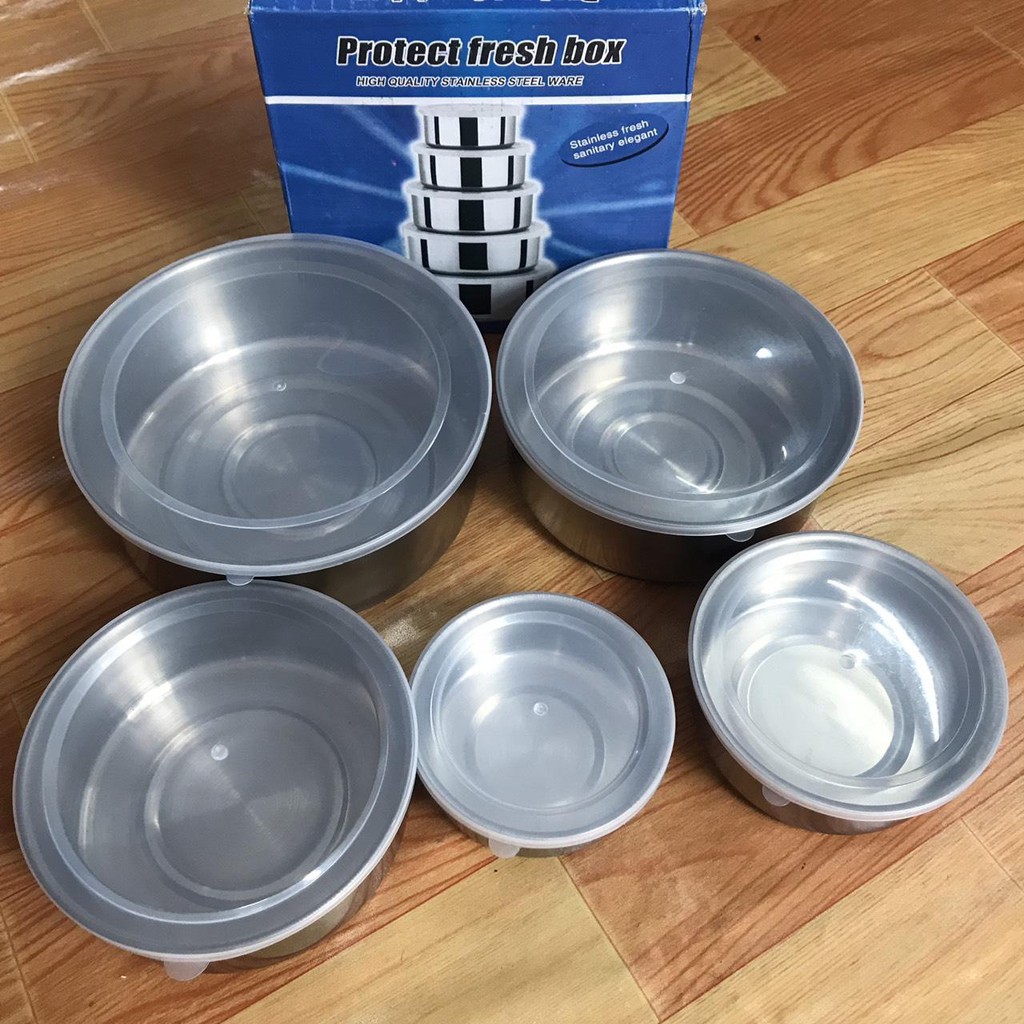 Bộ 5 thố inox Protect fresh box  đựng đồ ăn nhà bếp có lắp đậy, bộ tô 5 món inox đựng thức ăn