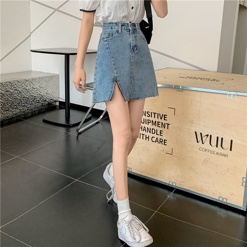 SUXI Chân váy jean Chữ A Lưng Cao Màu Sắc Đơn Giản Phong Cách Vintage