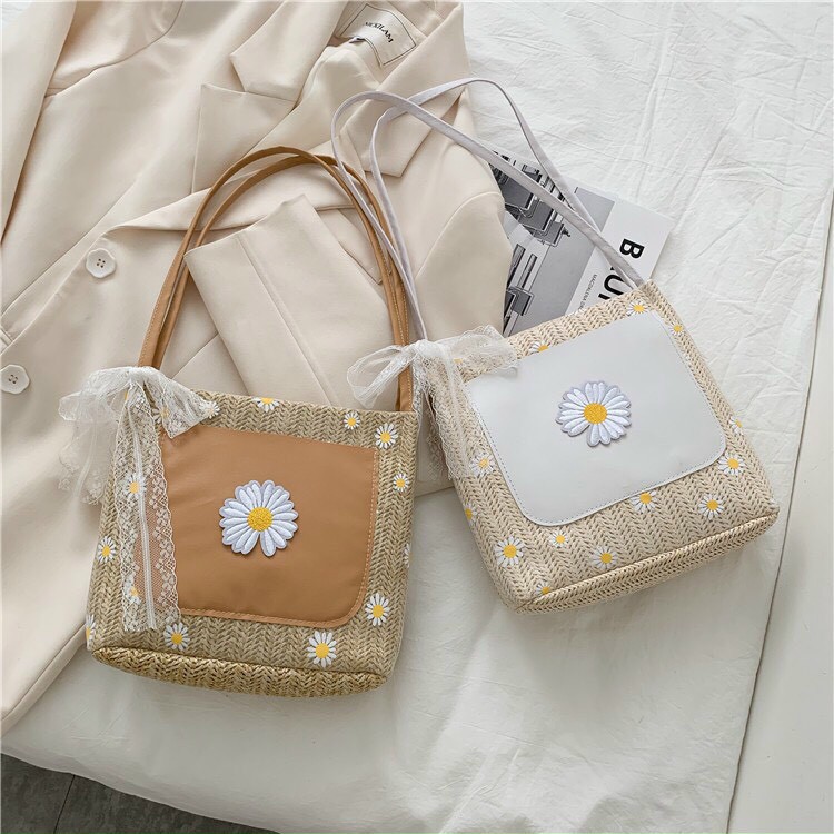 Túi cói hoa cúc, túi summer đi biển có khăn thắt nơ dễ thương đeo vai cho chị em HOT HIT