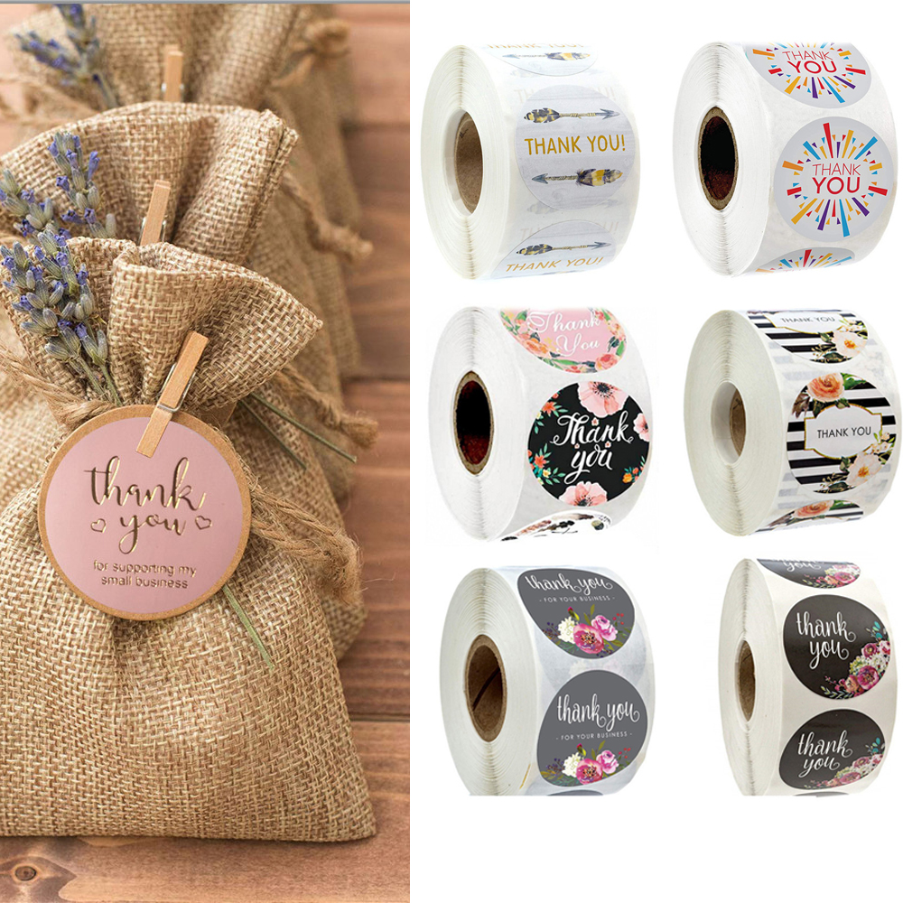Cuộn 500 nhãn dán hình tròn tự dính họa tiết Thank You dùng trang trí đám cưới/gói quà DIY