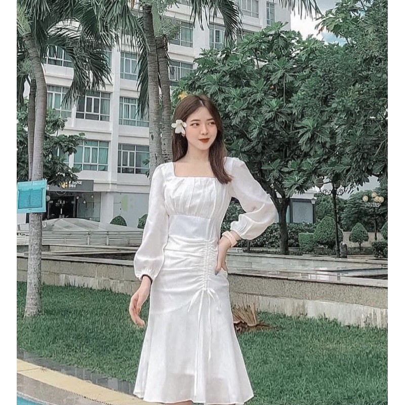 Đầm cổ vuông rút bèo tay dài | BigBuy360 - bigbuy360.vn