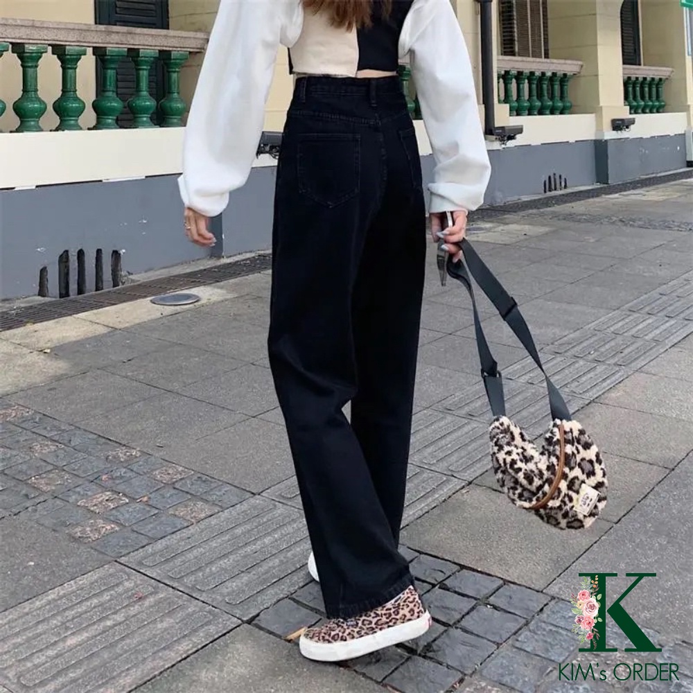 Quần jean nữ màu đen trơn ống suông basic Ulzzang cạp lưng cao đi học đi làm đi chơi chất co dãn nhẹ loại 1