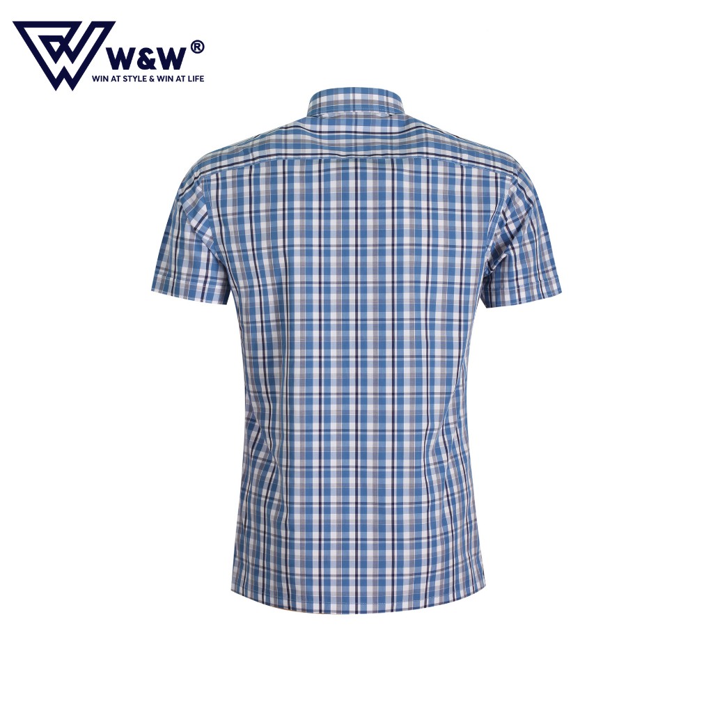 Áo Sơ Mi Nam W&amp;W Dáng Slim Fit Cổ Đức Tay Cộc Hoạ Tiết Kẻ, Chất Liệu Thấm Hút, Mềm Mịn Cao Cấp WSS203