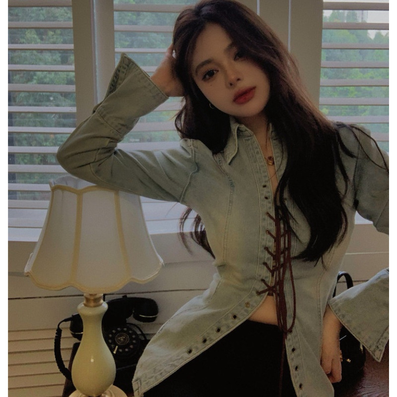 Áo Sơ Mi Denim Tay Dài Thắt Dây Chéo Phong Cách Cổ Điển Thời Trang Cho Nữ