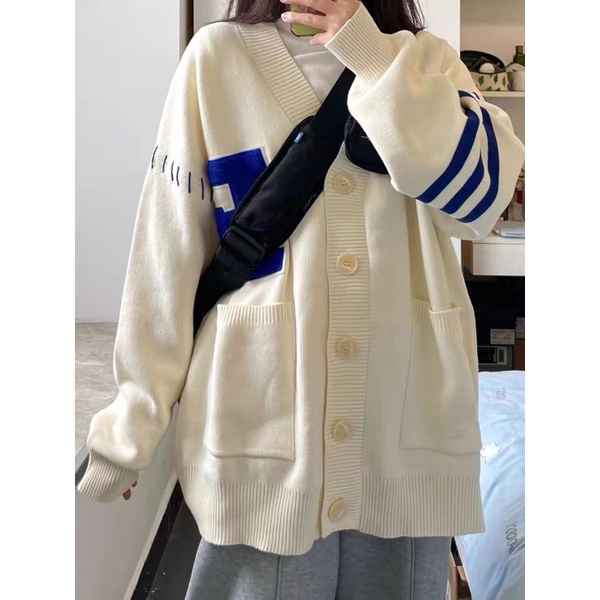Áo khoác cardigan len chữ nổi dáng dài form rộng phong cách Hàn Quốc