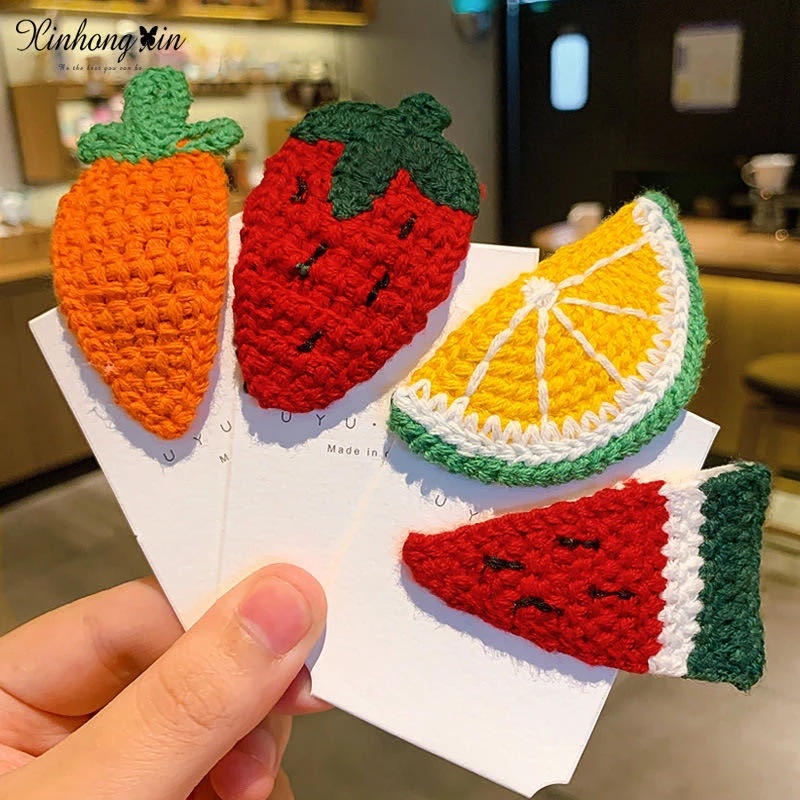 Kẹp tóc len dệt kim hình trái cây dễ thương cho bé gái