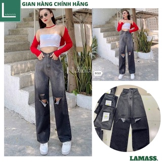 Quần bò ống rộng nữ cạp cao loang mầu xám khói rách 2 gối ,quần jeans dáng suông ulzzang -LAMASS